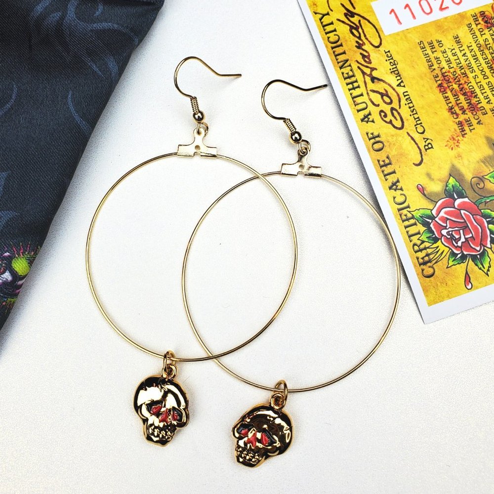 ED HARDY VINTAGE Style Earrings /Skull Hoop Earring In Base Metal